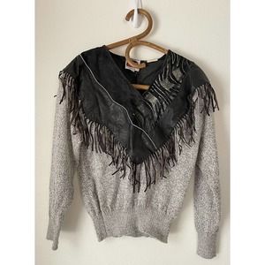 Vintage 80s Miller Outerwear Womens XL Western Beaded Gray Sweater with Fringe
